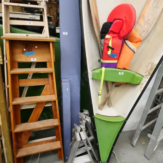 2 blue painted scaffold planks, pair of blue painted wood and alloy saw horses