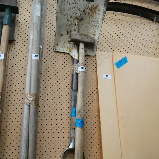 wide mouthed shovel, sledge hammer