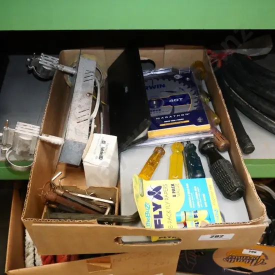 box; screwdrivers, saw blades, solar light, allen keys etc