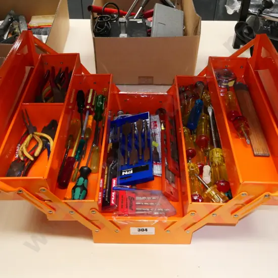 tool box; pliers, screwdrivers, spade bits etc