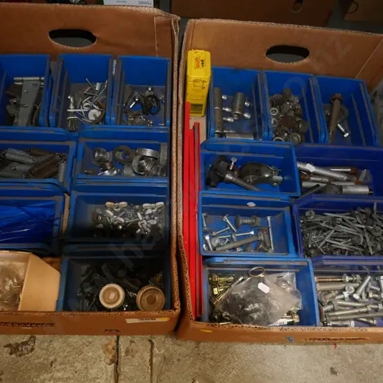 2 boxes; plastic storage containers, nuts, cable ties etc - yellow dots