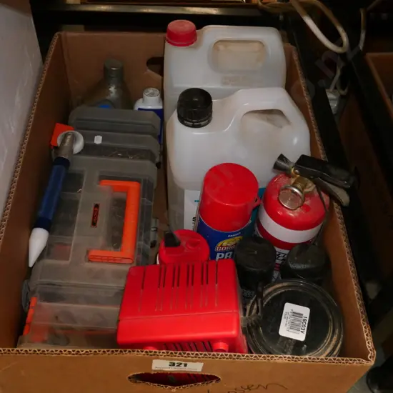 box; battery charger, tool box, screws, hand sanitiser etc