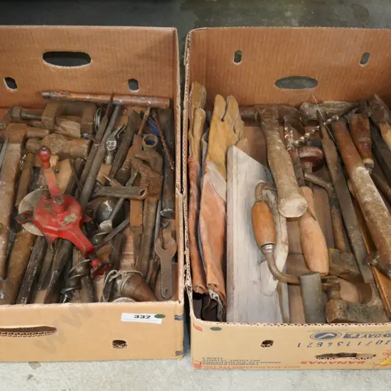 2 boxes; hammers,  files, rasps, gloves etc