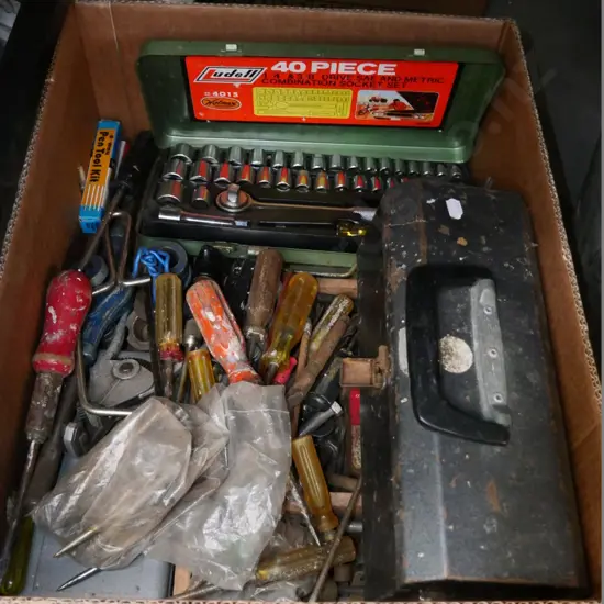 box; screwdrivers, drill bits, tool box etc