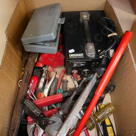 box; pot rivetter, rasps, battery charger etc