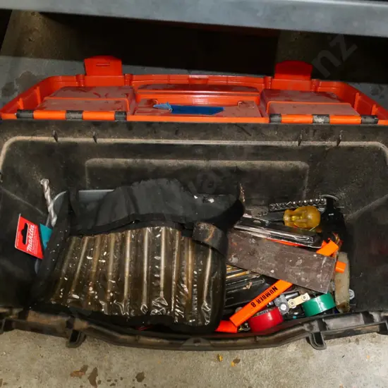 tool box; builder's pencils, drill bits, spade bits etc