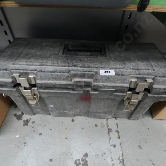 tool box with various power tool accessories; guides, handles etc