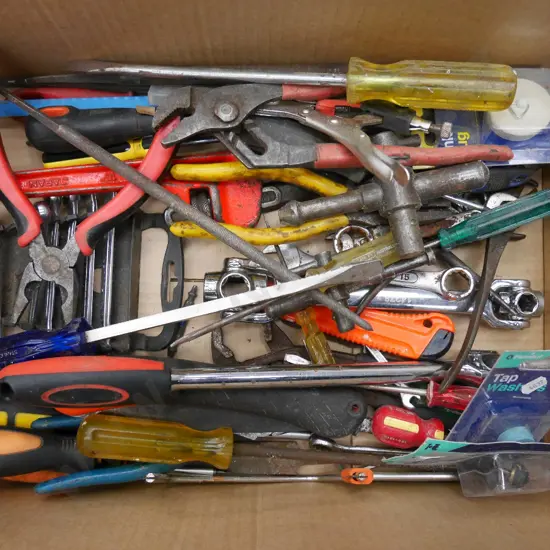 box; screwdrivers, pruning saws, spanners etc