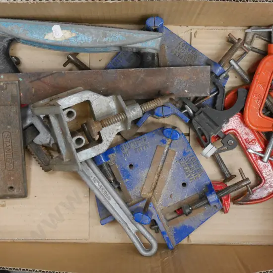 box; small G clamps, rasp, picture frame clamps etc