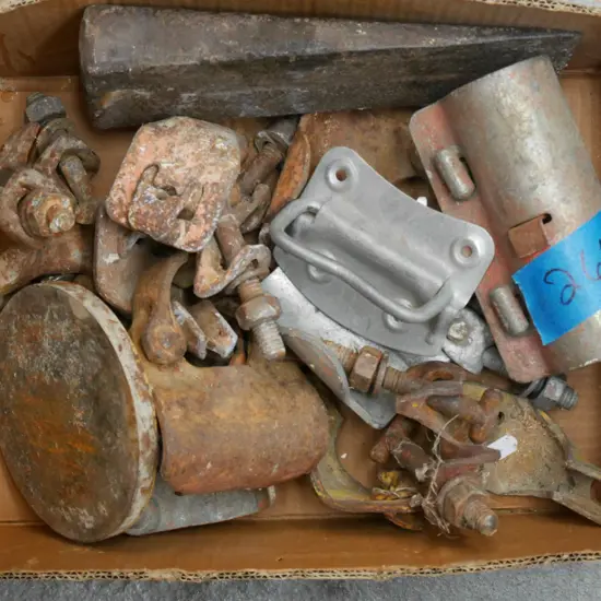 box; rusty allsorts - scaffolding, clamps, handles, iron spike etc