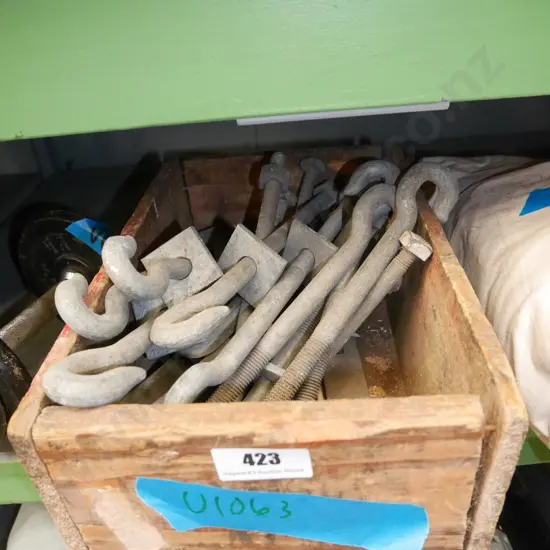 heavy galvanised hooks with bolts in wooden box