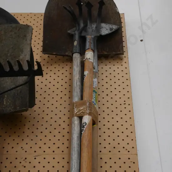 garden tools - 2 cultivators, hoe, shovel