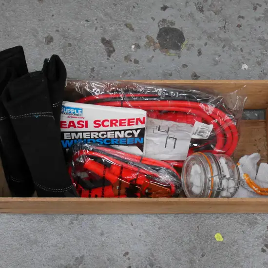 box; jumper leads, chalk, gloves etc