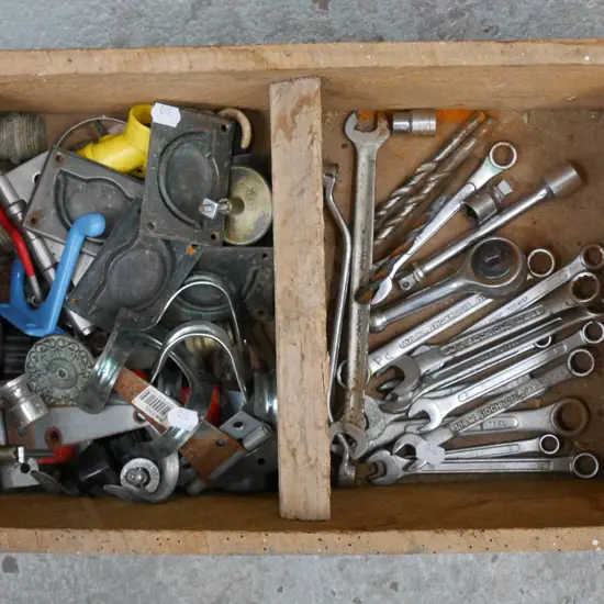 box; cupboard hinges, open end ring spanner etc