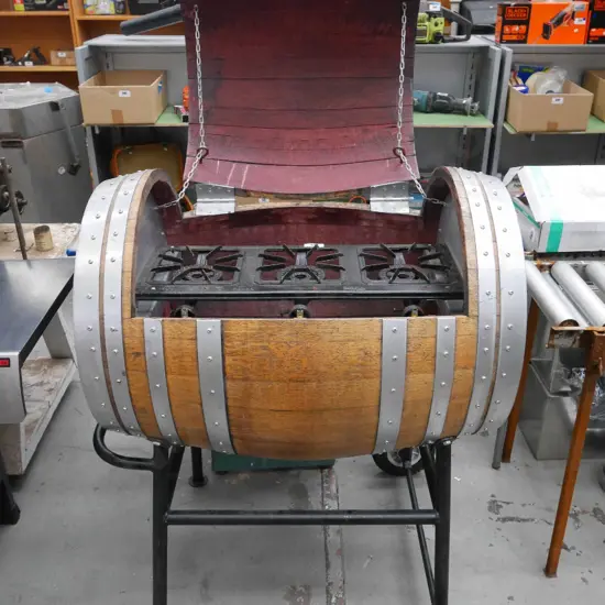 unusual 3 burner gas bbq - made from oak wine barrel