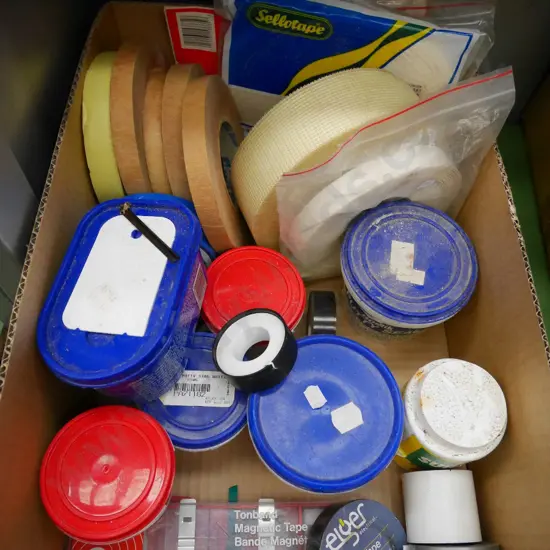 box; various tapes, putty seal etc