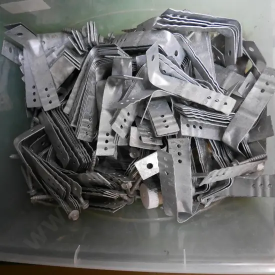 plastic tub of galvanised L shaped plates