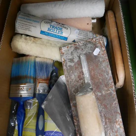 box; paint tray, plaster's trowels, brushes etc