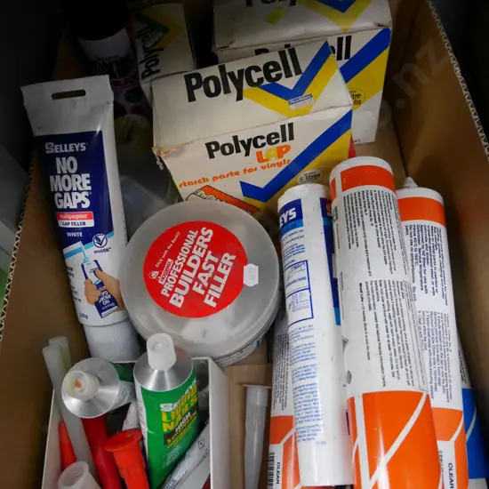 box; wall paper paste, builders bog, sillicone etc