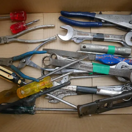 box; open ended and ring spanners, pliers, pot rivetter etc