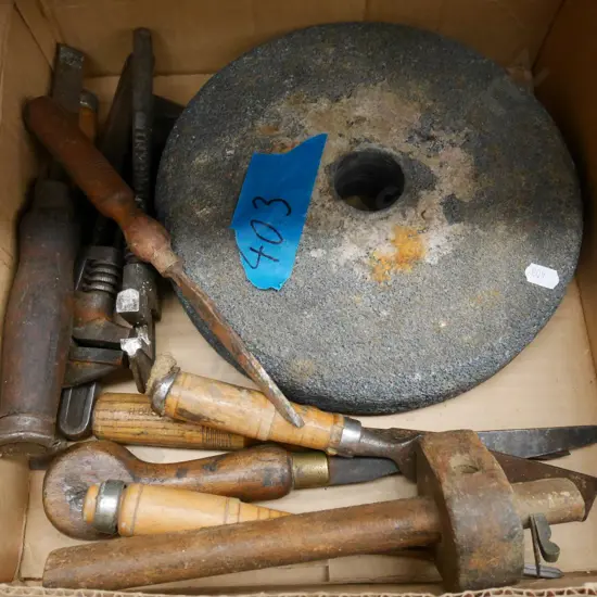 box; sharpening stone, chisels, marker gauge etc