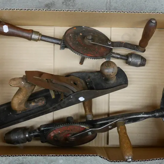 2 vintage egg beater drills, hand plane