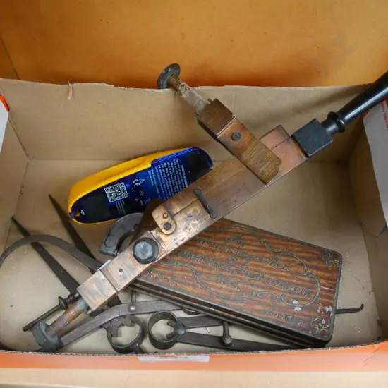 box; callipers, micrometer, stud finder etc