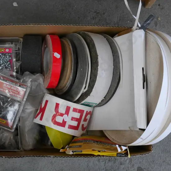 box; various tapes, screws, rivets
