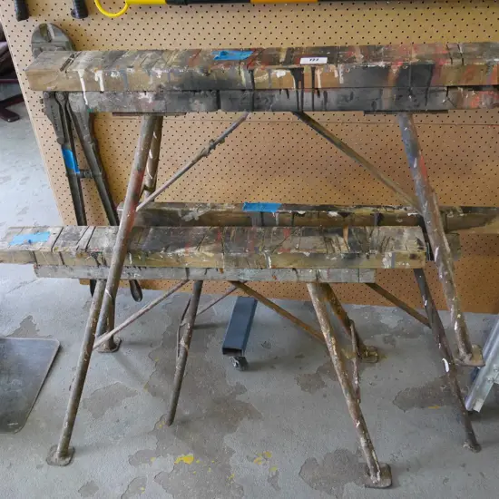 3 metal based wood topped saw horses