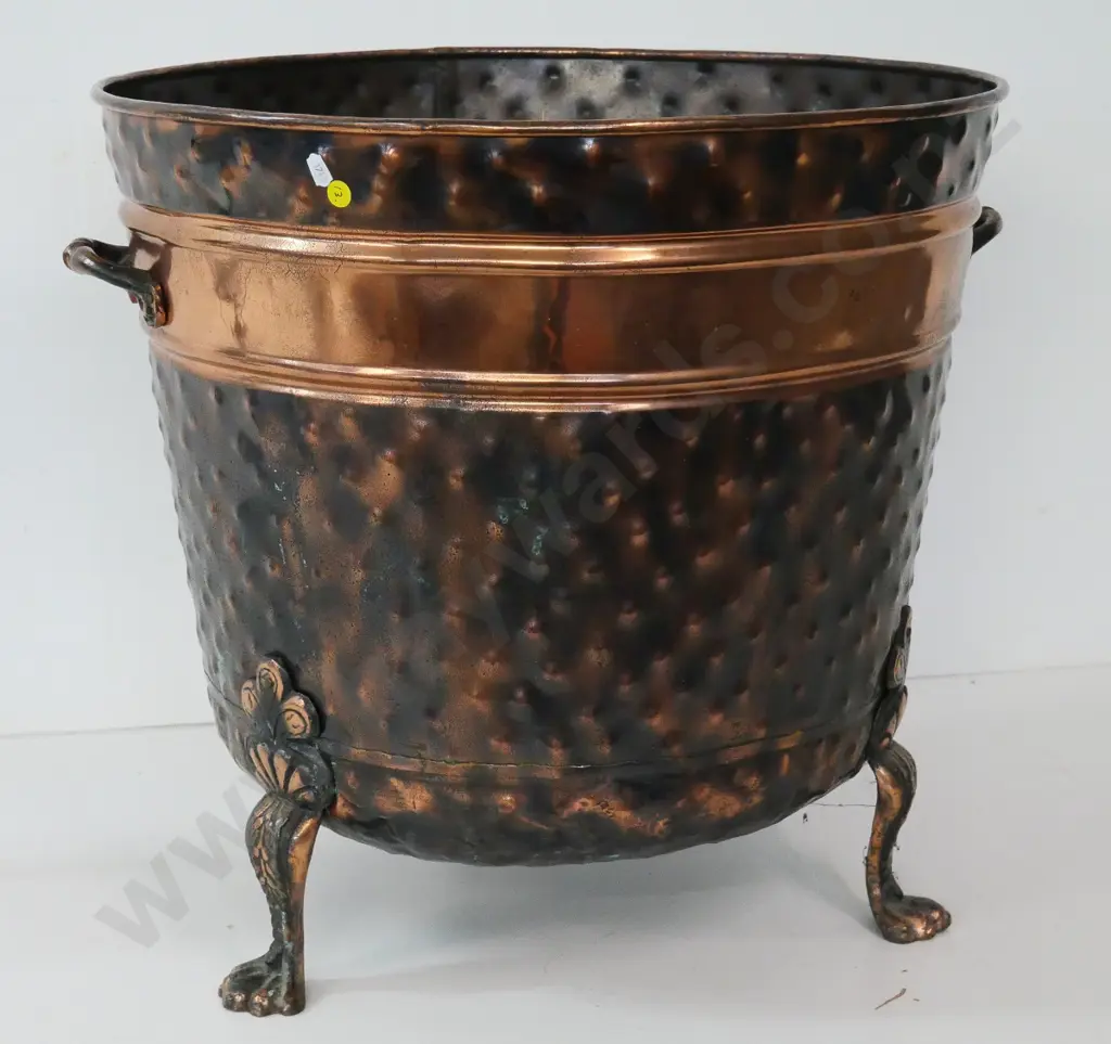 beaten copper wood bin with 2 handles, 3 claw feet H-510 Diameter 520 Image 1++