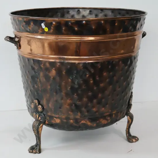 beaten copper wood bin with 2 handles, 3 claw feet H-510 Diameter 520