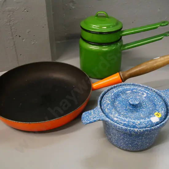 retro enamel cooking ware - Polish green double boiler, blue speckle lidded casserole, cast iron wood-handle frypan D280