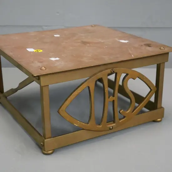brass stand (part alter stand?) with 'IHS' design H-130 W-250 D-250