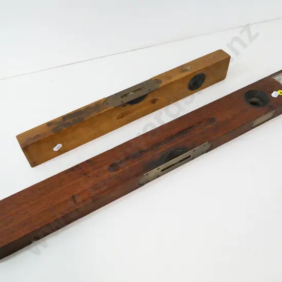 2 vintage wood & brass Rabone spirit levels - longer one L-690