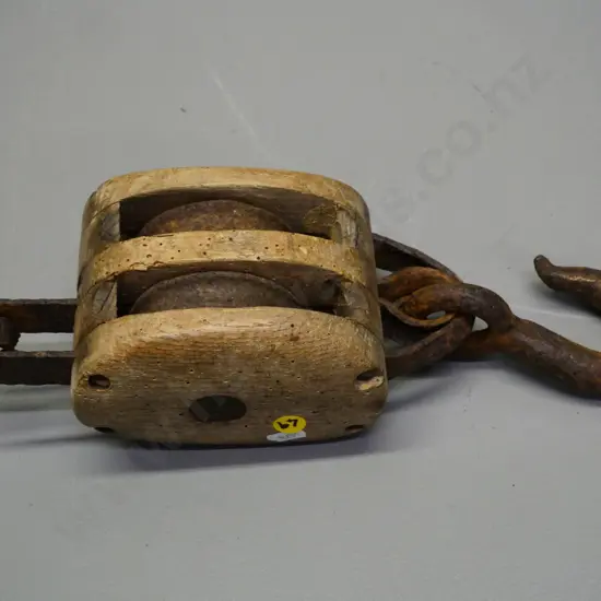 vintage cast iron and wood block and tackle - corrosion and borer holes L-330