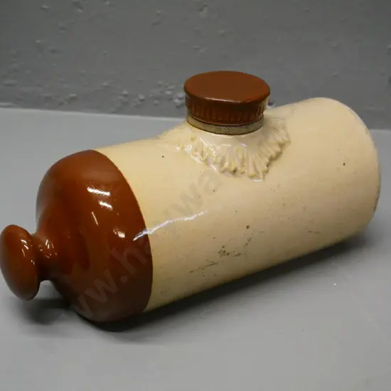 brown and cream pottery hot water bottle with stopper - no maker's mark H-130 L-260