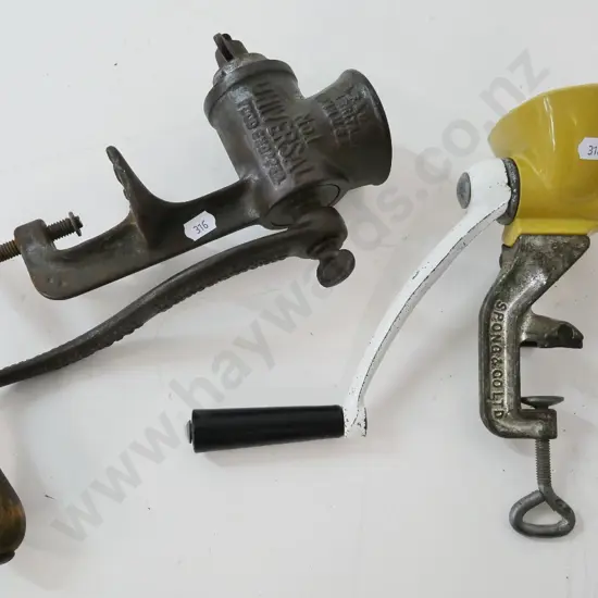 2 bench-mount mincers - Legg No. 1 Universal Chopper and a Spong with plastic bowl