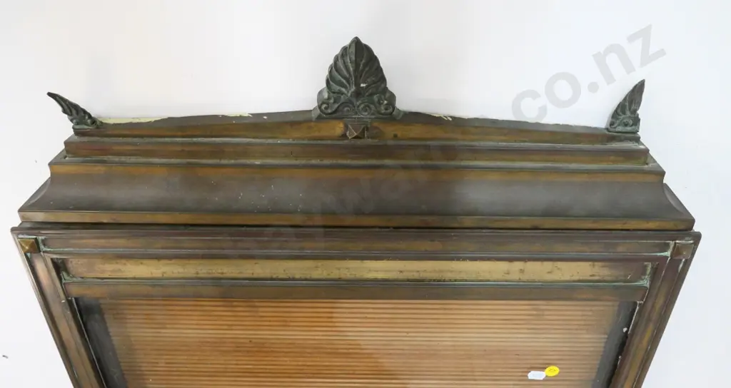 large glazed display signboard in heavy wood, brass and copper frame with deco motifs H1160 W570 Image 1++