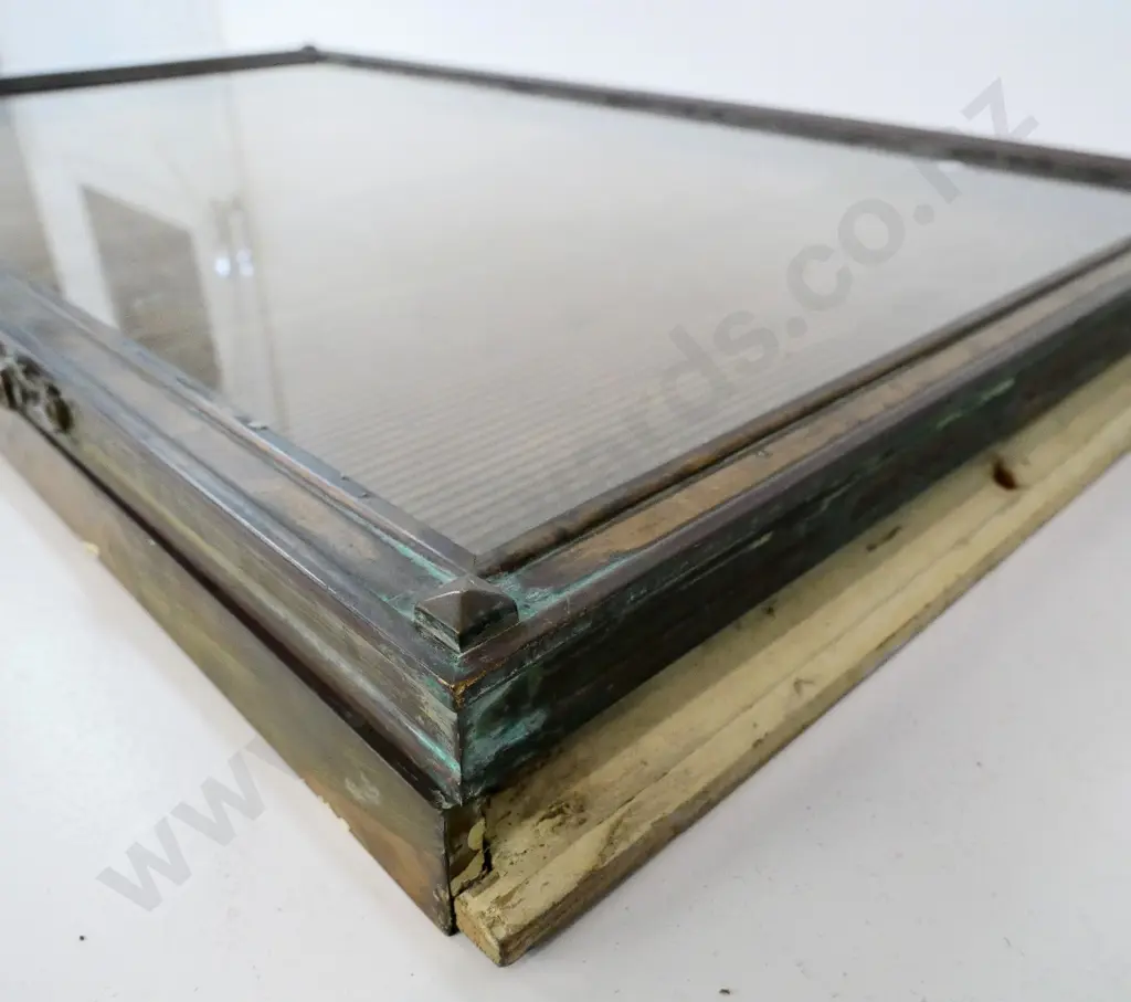 large glazed display signboard in heavy wood, brass and copper frame with deco motifs H1160 W570 Image 1++