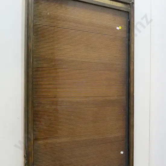 large glazed display signboard in heavy wood, brass and copper frame with deco motifs H1160 W570