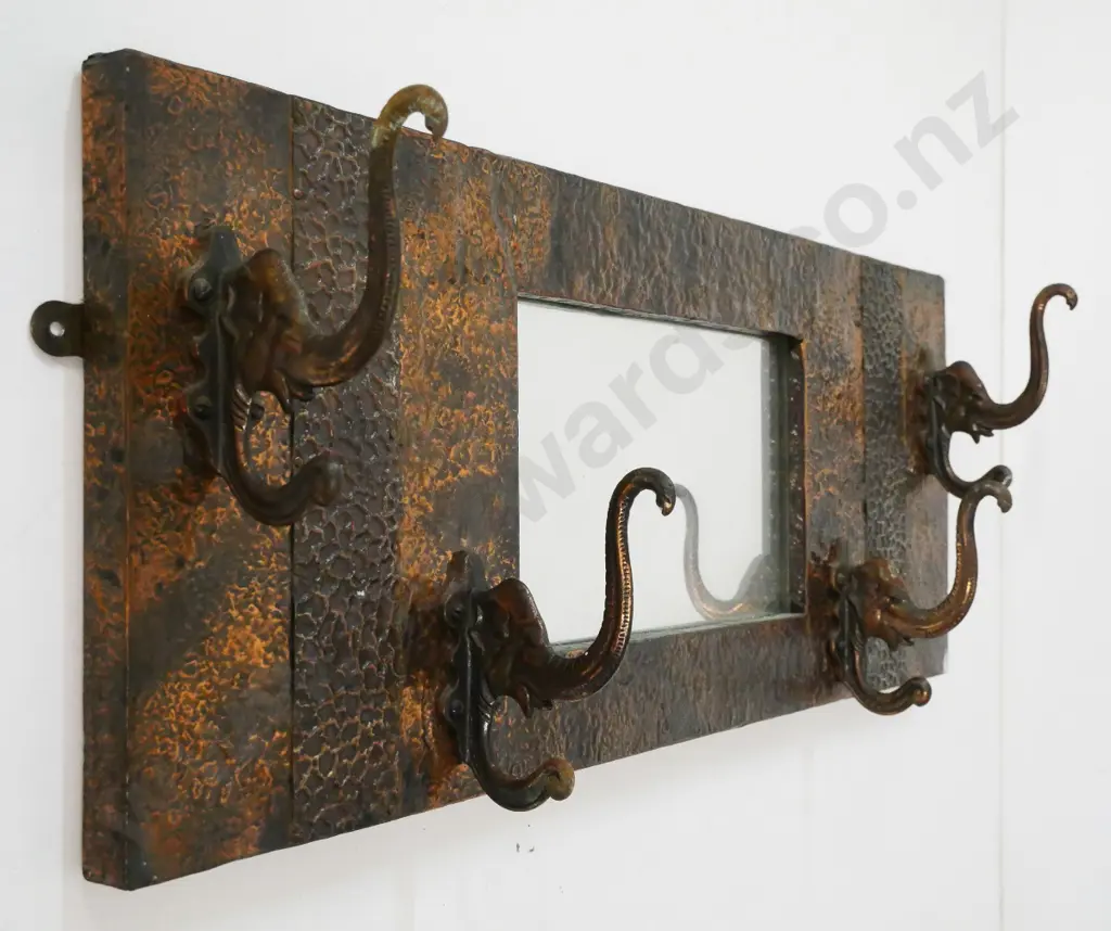 deco beaten copper wall-mount mirror with 4 elephant head coat hooks H-240 W-610 Image 1++