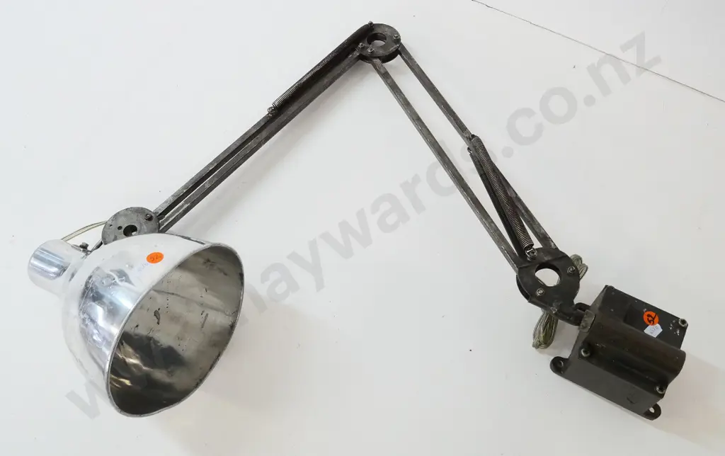 industrial style anglepoise lamp with cast iron bench-mount base - some dents to shade D-165 Image 1++