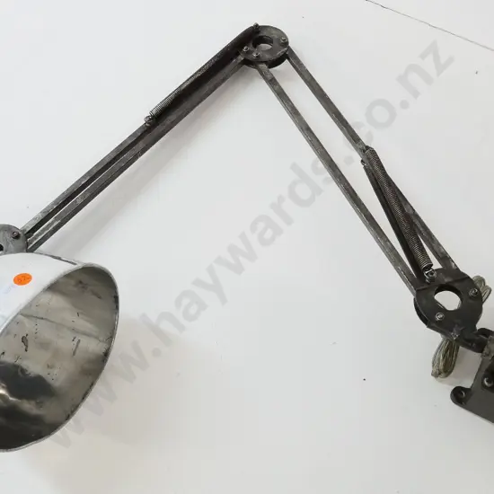 industrial style anglepoise lamp with cast iron bench-mount base - some dents to shade D-165