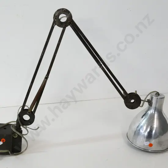 industrial style anglepoise lamp with cast iron bench-mount base - some dents to shade D-165