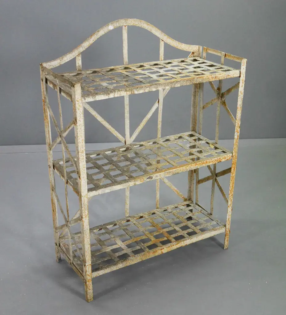 vintage French style painted metal folding shelf unit with trellis shelves - wear to finish H-980 W-700 D-310 Image 1++