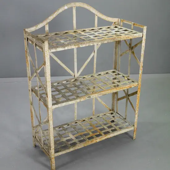 vintage French style painted metal folding shelf unit with trellis shelves - wear to finish H-980 W-700 D-310