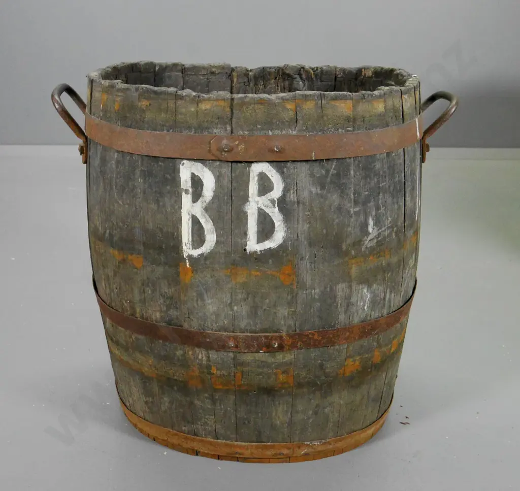 vintage French style timber barrel with cast metal handles and strapping - corrosion and age wear H560 W580 D360 Image 1++