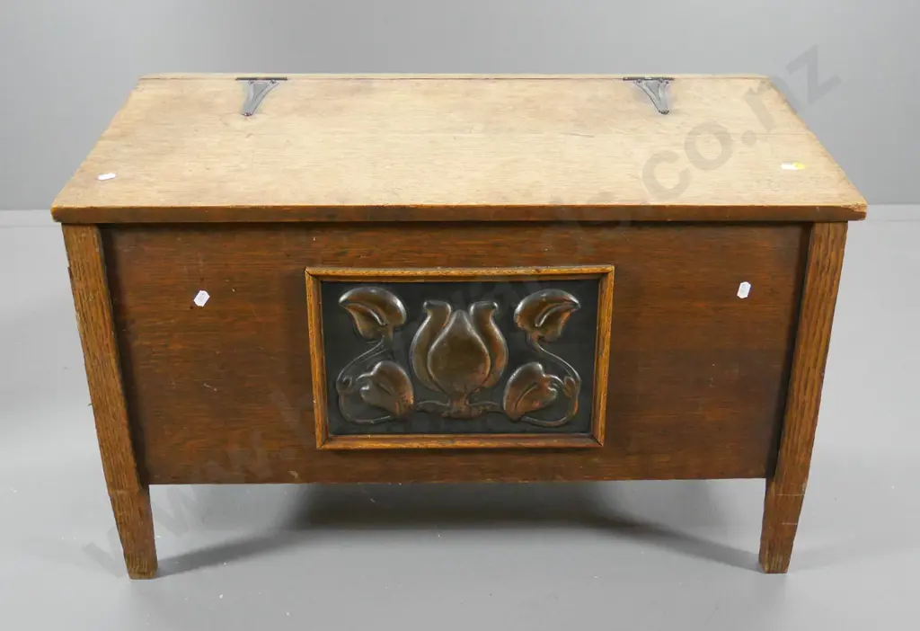 deco style oak slope-top storage chest with pressed copper panel and deco copper hinges H-560 W-830 D-400 Image 1++