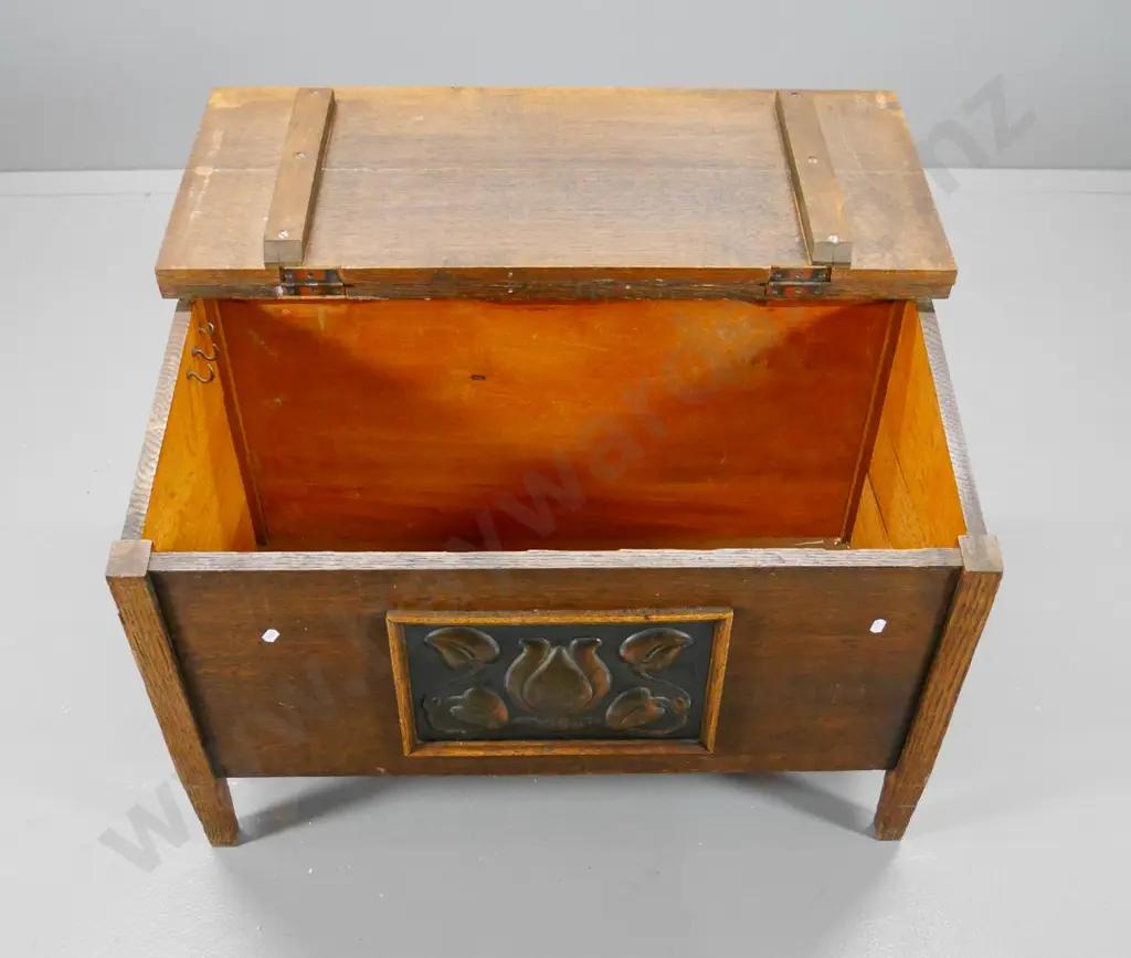 deco style oak slope-top storage chest with pressed copper panel and deco copper hinges H-560 W-830 D-400 Image 1++
