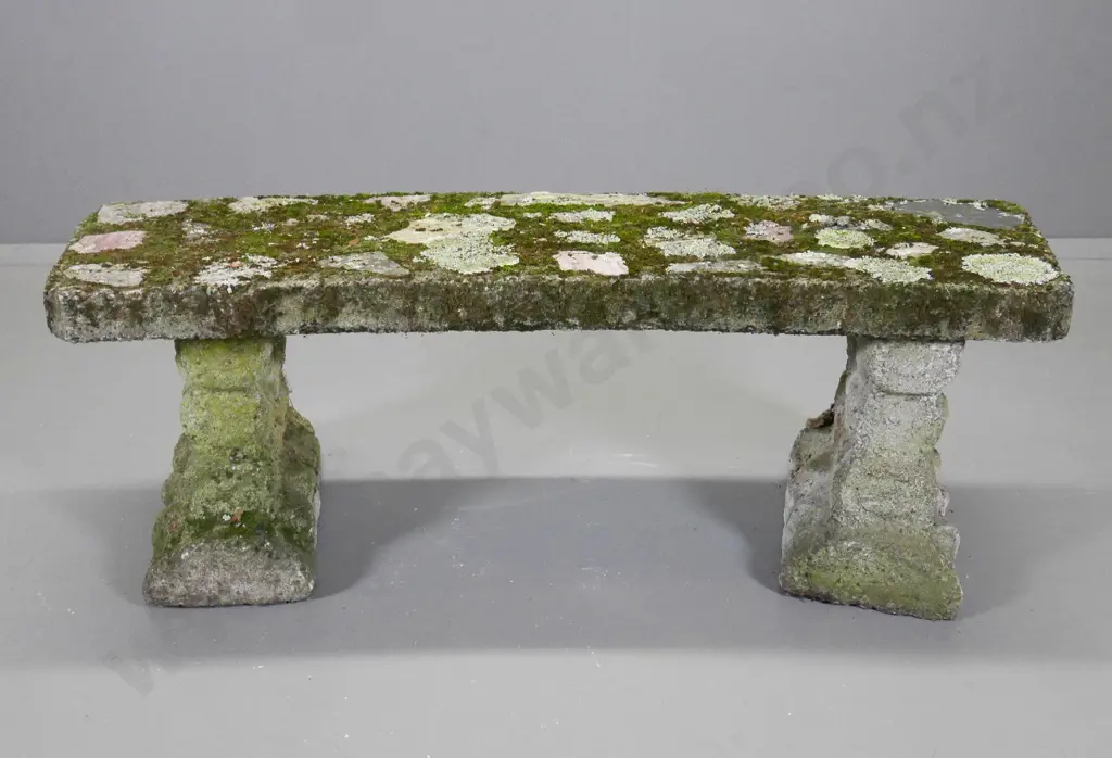 cast concrete and inlaid schist stones curved garden seat - moss and age wear H-400 W-1200 D-380 Image 1++